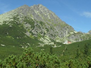 Widok na lski Dom - Schronisko Wielickie i masyw Gerlacha ze szlaku tego, schodzcego agodnie do Doliny Wielickiej